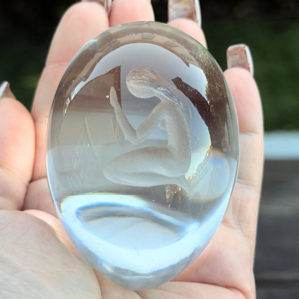 Vintage Ekenas Sweden Glass Egg Frosted Etched Nude Lady Paperweight Praying